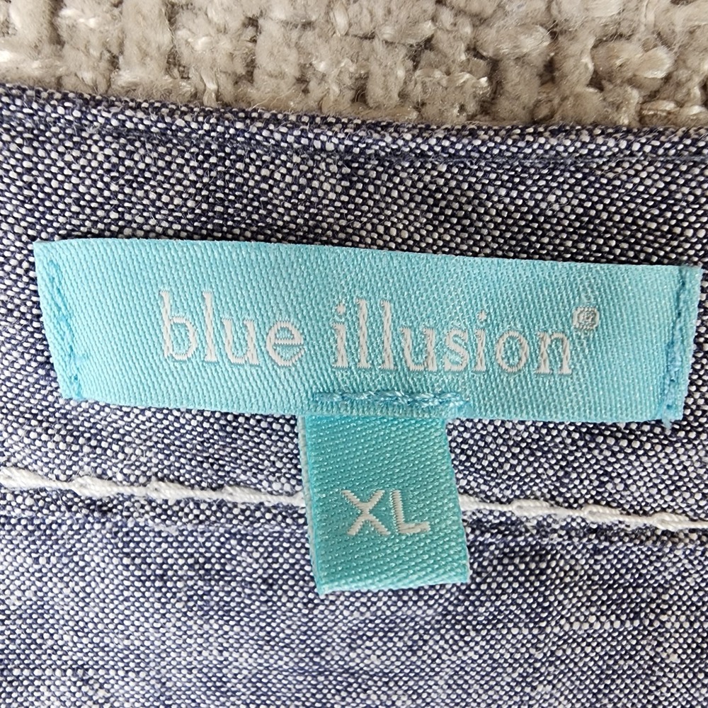 Blue Illusion 100% French Linen Midi Dress Womens XL Blue Short Sleeve Shift - Picture 10 of 11